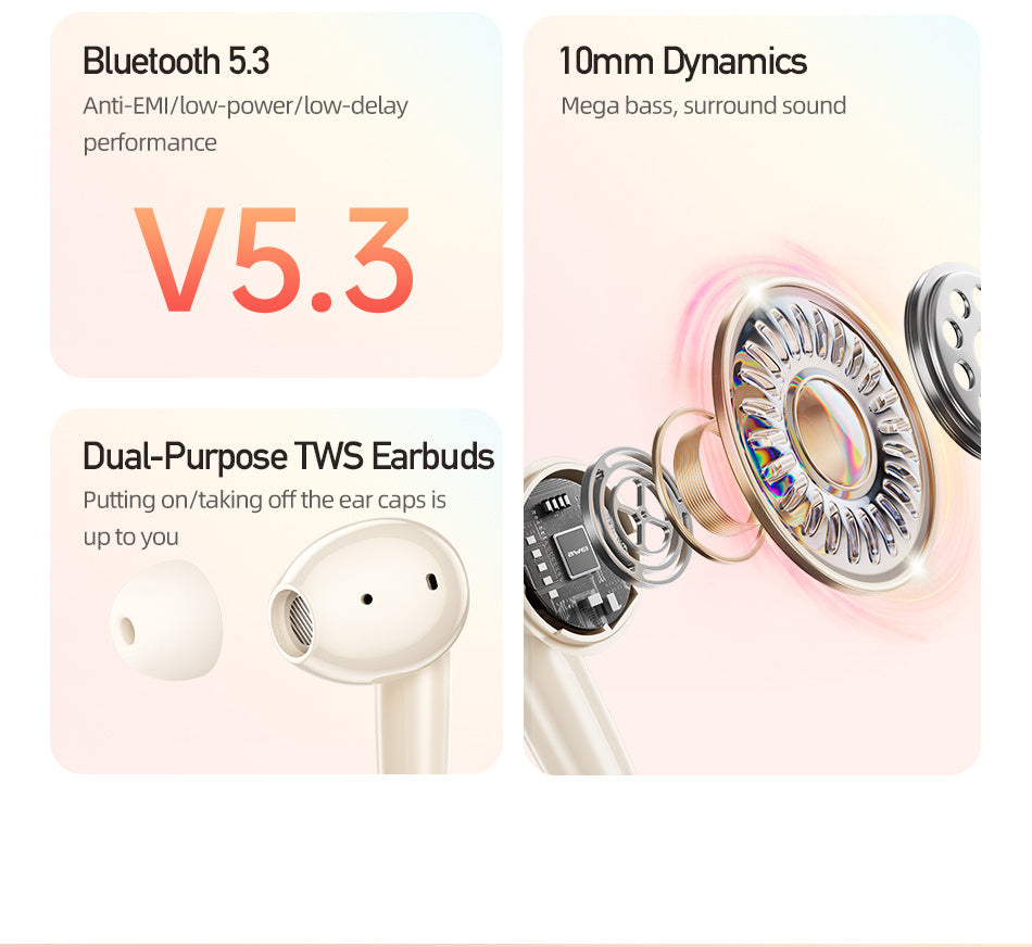 AWEI ENC Écouteurs Bluetooth – Semi In-Ear avec Annulation de Bruit