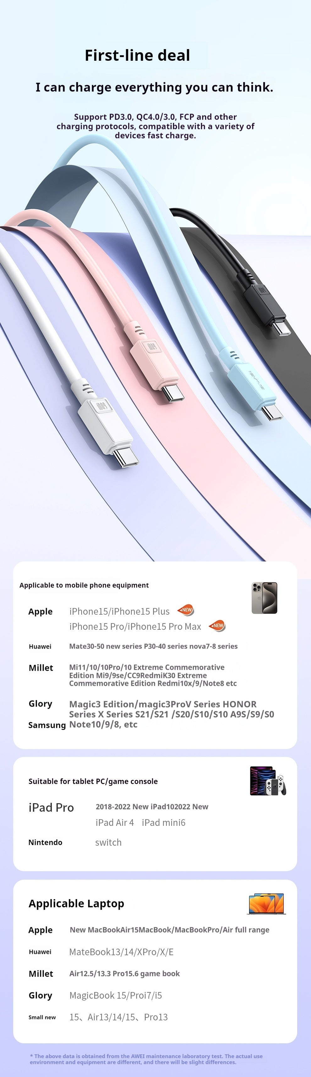 Câble USB-C vers USB-C AWEI 30 cm