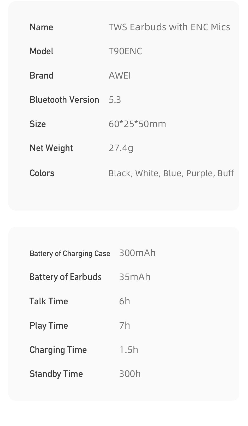 AWEI ENC Écouteurs Bluetooth – Semi In-Ear avec Annulation de Bruit