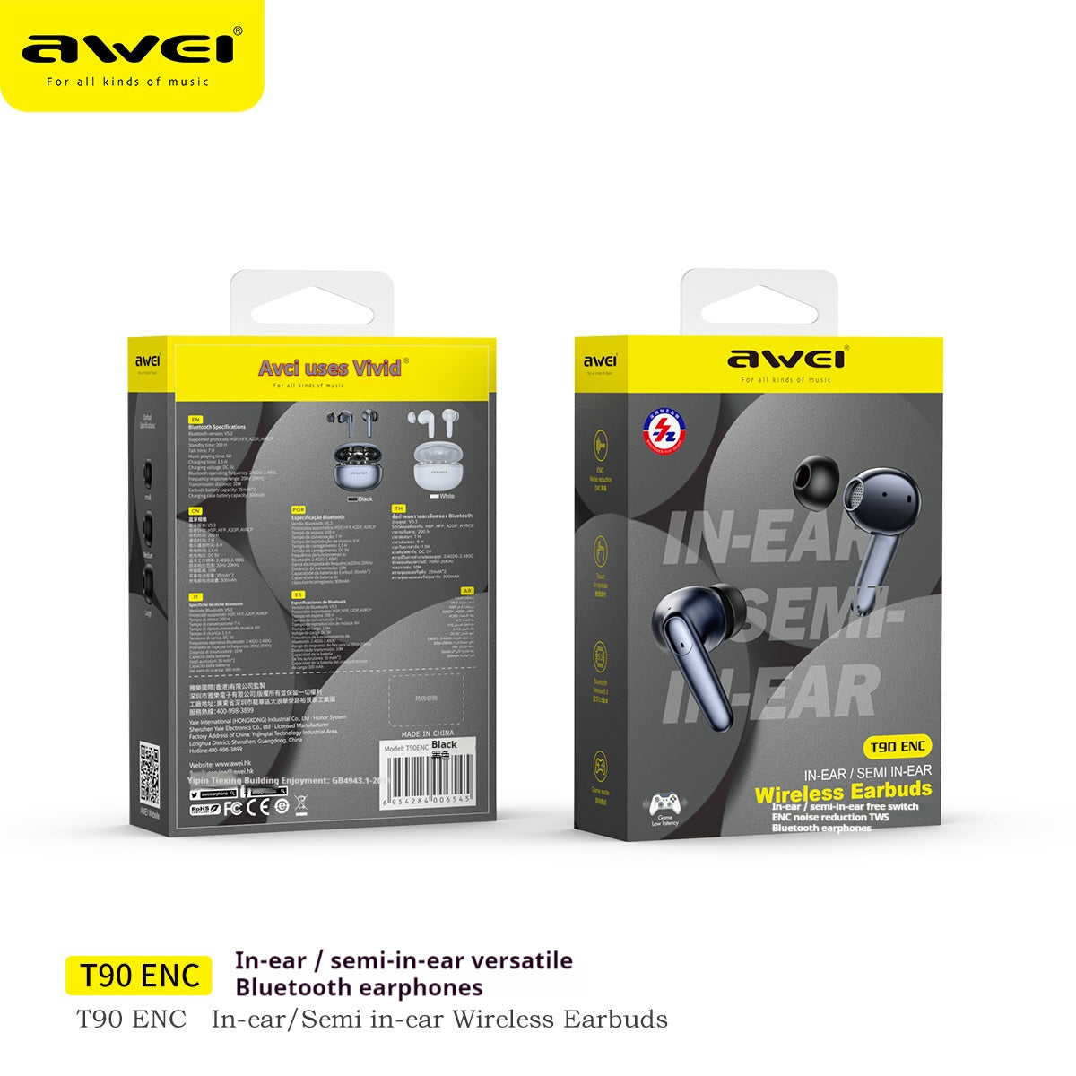 AWEI ENC Écouteurs Bluetooth – Semi In-Ear avec Annulation de Bruit